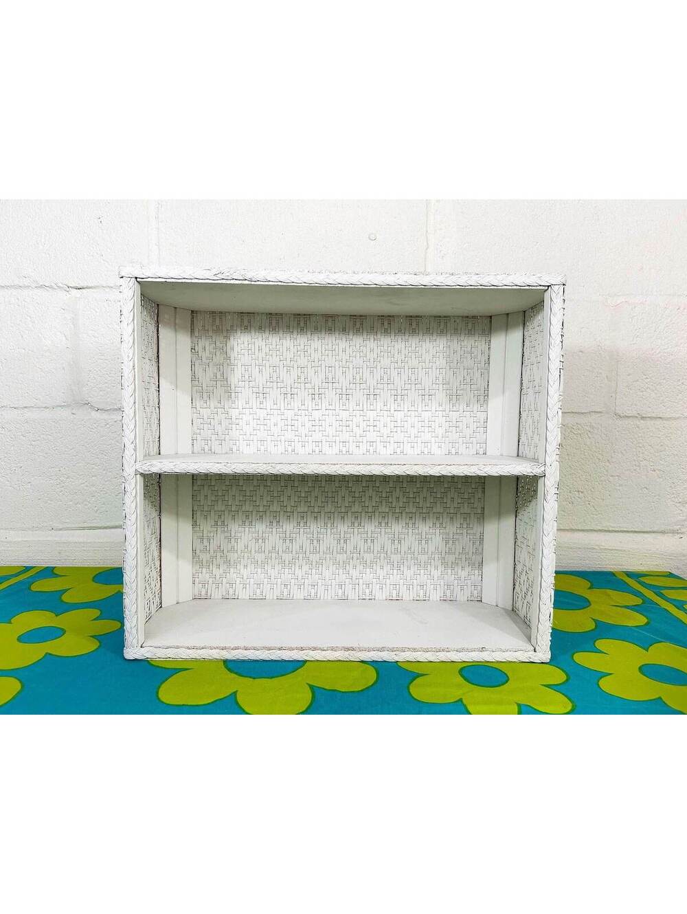 Vintage White Small Shelf 1970s Open Cane Woven Wooden Kid's Room Nursery